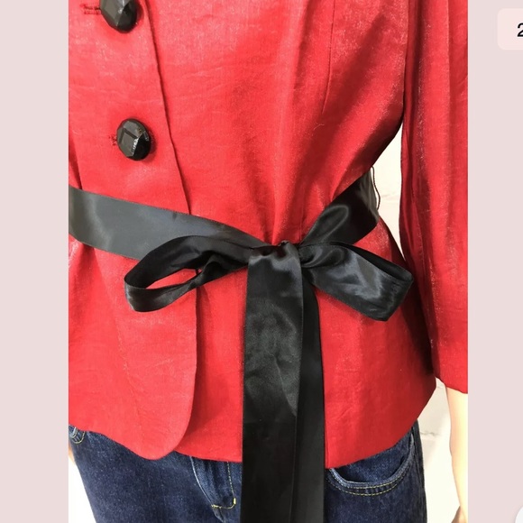 Lilianna Ruffled Neck Jacket Red Belted 3/4 Sleeve - Picture 2 of 9